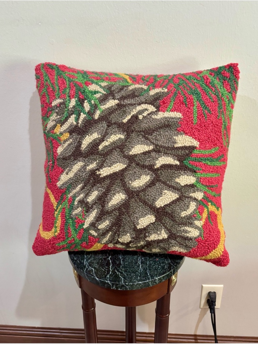 Festive Pinecone Hooked Accent Pillow - Red, Green & Gray